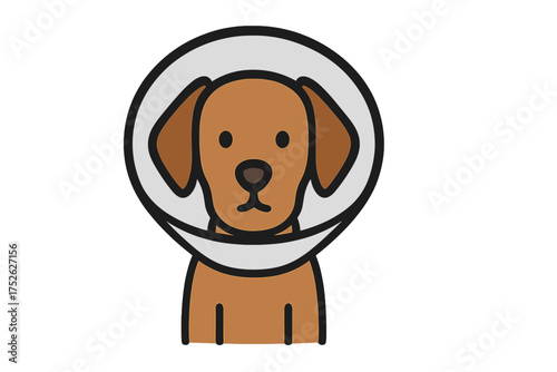 Sick dog with protective Elizabethan collar icon. Sad puppy after surgery in vet cone. Veterinary clinic, animal hospital symbol for pet health care and recovery. Flat vector.