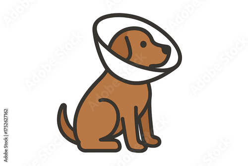 Sick dog in protective cone after surgery. Vet clinic icon. Pet health care, animal treatment symbol. Injured puppy recovery. Veterinary medicine illustration. Dog collar.