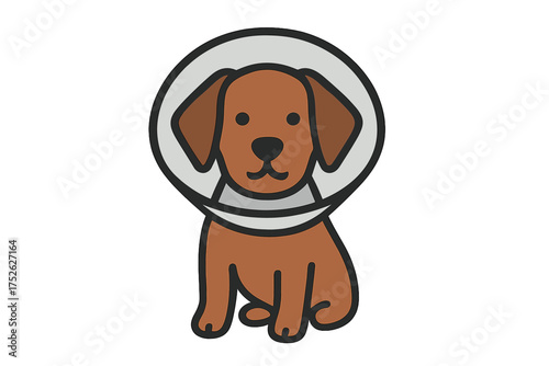 Sad dog with cone after surgery. Sick puppy wearing an Elizabethan collar. Veterinary clinic icon. Pet health care concept for injured animal recovery. Vet symbol. Flat vector design.