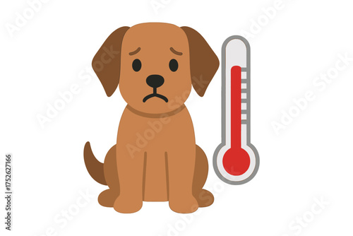 Sick dog with fever vector icon. Sad puppy with high temperature on a thermometer. Pet illness, health care concept. Veterinary clinic symbol. Isolated cartoon illustration.
