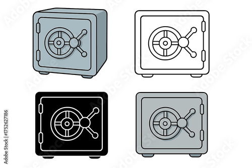 Safe icon set. Bank vault collection in cartoon, line, glyph, and flat styles. Money security, deposit box, and finance protection symbol. Steel strongbox vector illustration.