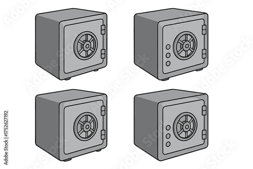 Isometric safe box vector icon set. Metal strongbox for money savings and security. Finance, banking, and wealth protection concept. Cartoon bank vault illustration isolated.