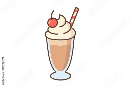 Chocolate milkshake vector illustration with whipped cream and cherry. Cafe dessert menu icon. Sweet cold drink in a glass with a straw, isolated on white background.