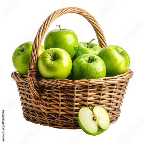 Basket of fresh green apples with one sliced open sits on black.
