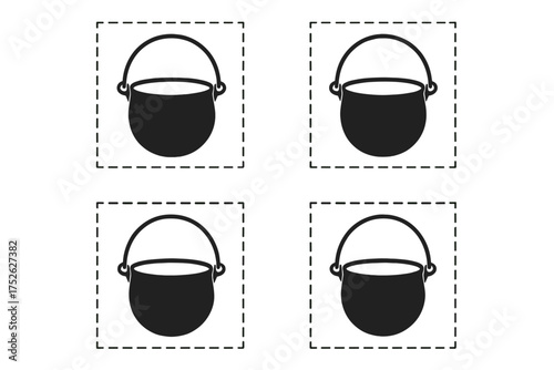 Witch's cauldron vector icon set. Magic potion pot silhouette. Halloween witchcraft & sorcery symbol. Leprechaun's gold pot for St. Patrick's Day. Cooking on a campfire.