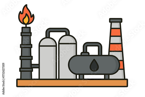 Oil refinery plant icon for gas and petroleum industry. Industrial factory for fuel production. Energy power station with storage tank. Vector illustration on white background.