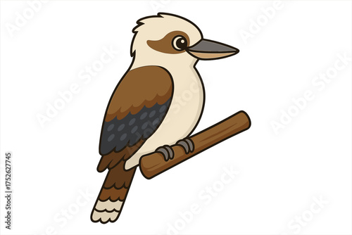Laughing kookaburra from Australia sitting on a tree branch. Cute cartoon character, wildlife symbol. Flat vector design element isolated on white background for print.