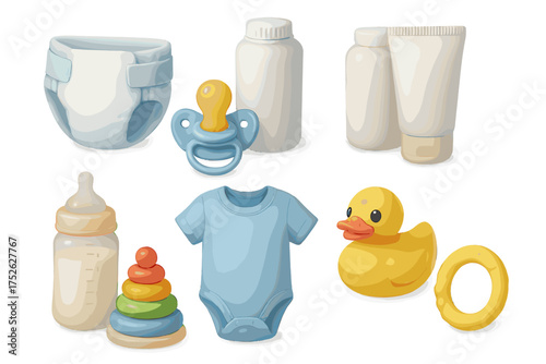 Baby care items 3d realistic icon set. Newborn accessory collection. Diaper, pacifier, milk bottle, bodysuit, rubber duck, teether. Infant hygiene. Toddler essentials.