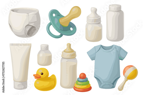 Realistic 3D baby items icon set. Diaper, pacifier, powder, cream, baby bottle, clothes, rubber duck, stacking toy, and rattle. Newborn essentials for infant care.