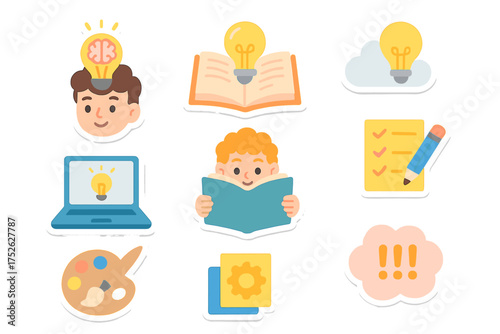 Creative process cute sticker set in flat cartoon design. Bundle of brainstorming, book reading, inspiration, idea generation, art creation, study and education vector icons.