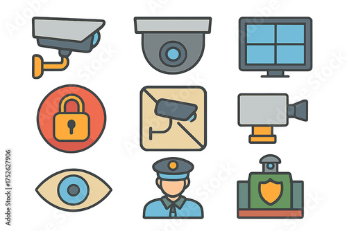 CCTV icons set in color flat design. Pack of surveillance security camera, monitor, lock, privacy, private protection, video, police guard system and other vector symbols.