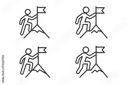 Man on mountain peak with flag. Concept of success, goal achievement, victory. Business metaphor for leadership, reaching the top. Climber on summit. Mission accomplished icon set.