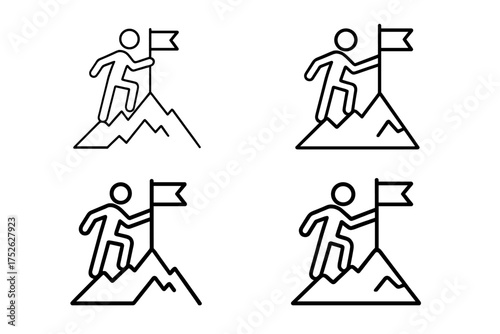 Success and achievement line icon set. Character reaching mountain top with flag. Metaphor for reaching goal, mission accomplished, leadership, victory, and career progress.