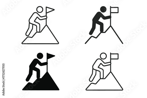 Man on top of the mountain with flag. Success, achievement, goal concept. Leadership, mission accomplished. Victory, career growth. Person climbing peak icon set. Vector symbol.