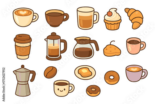 Coffee cute sticker set. Kawaii cafe bundle with cappuccino, latte, desserts, breakfast food. Moka pot, french press vector icons. Scrapbooking doodle elements collection.