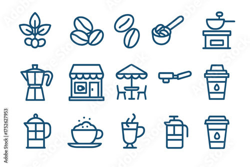 Coffee line icon set. Pictogram collection for coffee shop and barista tools. Includes coffee bean, grinder, french press, moka pot, cappuccino. Vector outline symbols for web.