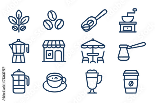Coffee line icon set. Pictogram collection for web design. Cafe, barista elements. Coffee bean, grinder, french press, moka pot, shop, cup to go, cappuccino, latte drink.