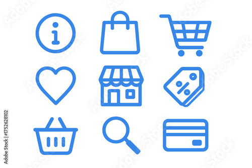 Online shopping and e-commerce line icon set. Simple blue vector icons for web design, UI, UX and mobile app. Includes cart, bag, payment, discount, search and wishlist.