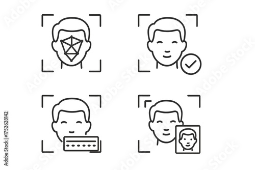 Facial recognition icon set for biometric security. Line icons for face scan, detection, verification, and authentication. Vector symbols for identity access control system.