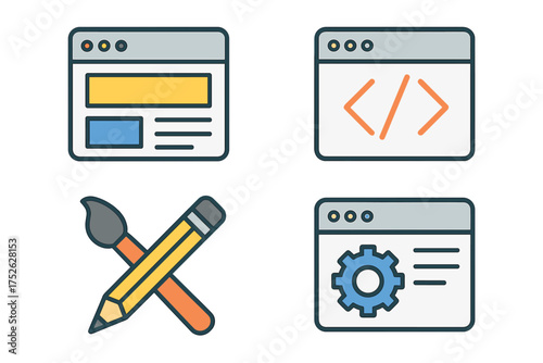 Flat icon set for web design and development. Vector graphic for UI UX design, coding, programming, and website creation. Frontend backend symbols for app and web interface.