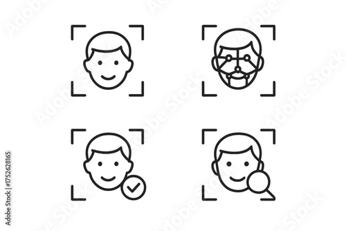Facial recognition icon set. Biometric security and identification technology concept. Editable thin line vector icons for face scanning, detection, verification, and access control.