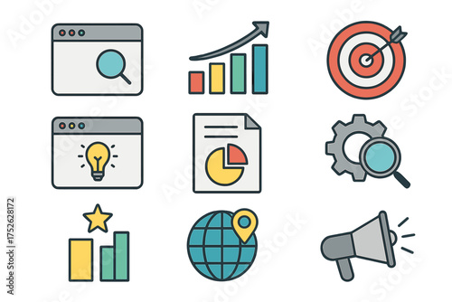 SEO icon set. Search engine optimization, digital marketing outline icons. For web, analytics, strategy, targeting, ranking, local SEO, content and business growth concept.