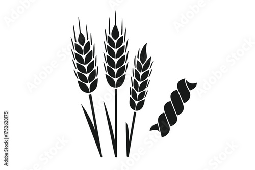 Black silhouette of wheat ears and fusilli pasta isolated on white background, vector illustration. Icon of Italian pasta shape with wheat, grain agriculture symbol, food concept