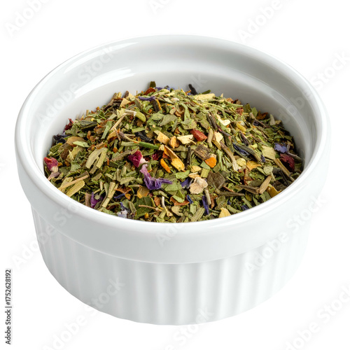 Dried herb and flower blend fills a white ramekin dish.