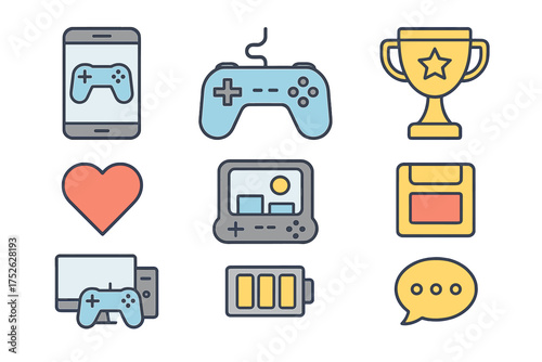 Flat line mobile gaming icons with leisure and computer game elements. Thin color line pictograms for websites, apps, including controllers, trophy, battery, chat, save icons