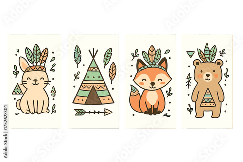 Boho tribal woodland animals set. Cute fox, bear, rabbit characters. Nursery posters, baby shower invitation cards. Hand drawn scandinavian vector illustration with feathers and tipi.