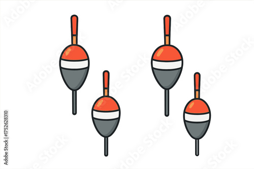 Colorful fishing bobber floats set with red, white, and gray details, isolated on white background, cartoon style vector illustration for outdoor and fishing concept