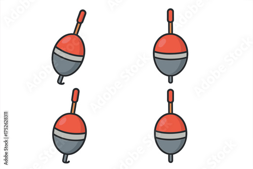 Colorful fishing bobbers vector set. Red and gray float icons for fishing equipment, isolated cartoon style fishing floats with reflective highlights. Fishing gear, tackle illustration.