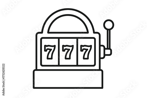 Slot machine icon outline style with lucky 777 jackpot symbols, isolated on white background, USA-inspired vintage casino slot game vector illustration with transparent background