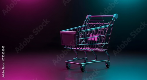 A miniature shopping cart illuminated with vibrant neon pink and teal lighting, casting a dramatic shadow on a dark, reflective surface, evoking a sense of modern commerce and digital retail