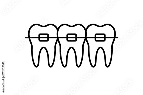 Minimalist black and white vector illustration of three teeth with braces in flat style isolated on white background, dental orthodontics concept for oral care and treatment