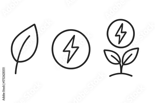 Green energy thin line icon set. Renewable, sustainable, and eco friendly power concept. Plant, leaf and lightning bolt outline vector pictogram for biofuel and clean electricity.