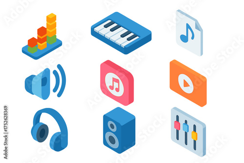 Music concept 3d isometric icons set. Pack of isometry elements for audio and video app. Includes equalizer, piano, song, volume, headphones, speaker, mixer, and player button.