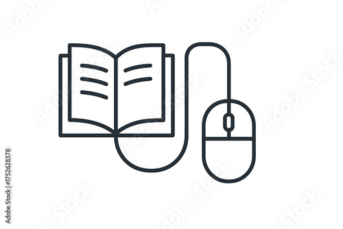 E-learning and online education concept. Computer mouse connected to a book. Vector line icon for digital library, online courses, study, webinar, audiobook, knowledge and ebook.