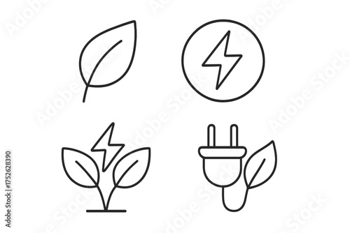 Green energy icons. Eco electricity, power saving symbol. Renewable alternative energies concept. Sustainable bio plant power. Leaf, plug, charge and bolt vector line icons.