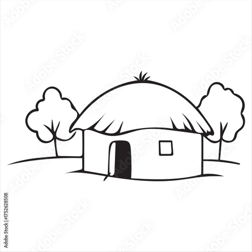 A winter landscape illustration of a cozy cottage building with snow on its roof and a clear blue sky