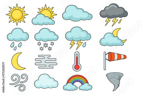 Colorful cartoon style weather icon set with sun, clouds, rain, snow, lightning, moon, fog, wind, thermometer, rainbow, tornado, and weather vane illustrations for vector design