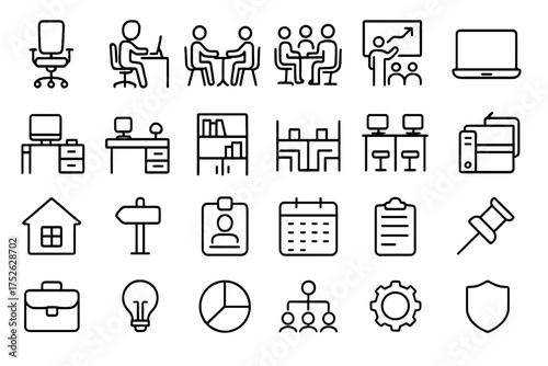 Workspace thin line icons set, corporate workplace and coworking space symbols, business workflow and corporate management vector bundle, office desk, meeting, laptop, calendar, organization, security