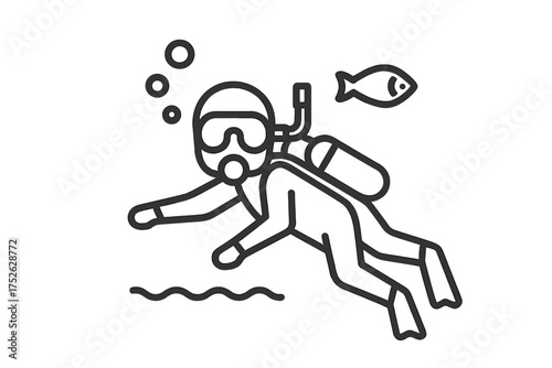 Scuba diving line icon. Diver swimming underwater. Vector illustration for ocean exploration, marine activity, snorkel and tourism. Man with mask, fins, oxygen tank. Editable stroke.