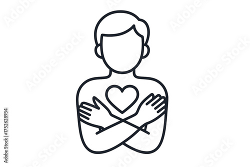 Self love, self care concept. Man hugging himself with heart. Vector thin line icon. Emotional acceptance, confidence, inner peace. Mental health, psychology symbol. Body positivity.