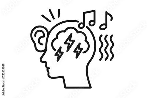 Sensory overload. Schizophrenia. Mental overwhelm. Auditory hallucination. Psychological distress. Tinnitus. Brain storm. Anxiety. Stress. ADHD. Psychology icon. Head profile.
