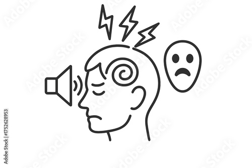 Sensory overload, schizophrenia icon. Mental overwhelm, auditory hallucination, psychological distress. Vector line illustration of psychosis, anxiety, stress. Head with confusion.