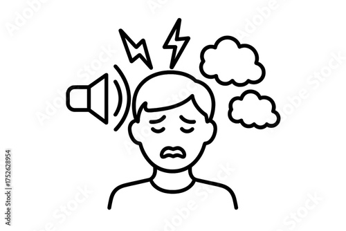 Concept of schizophrenia, sensory overload. Mental health disorder icon. Psychology illustration. Auditory hallucinations, psychological distress, anxiety, stress, confusion. Overwhelmed person.