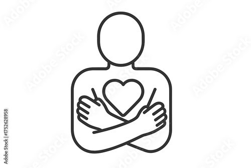 Self love and self care icon with a person hugging a heart. Metaphor for emotional wellbeing, acceptance, confidence, and inner peace. Mental health and psychology concept vector.