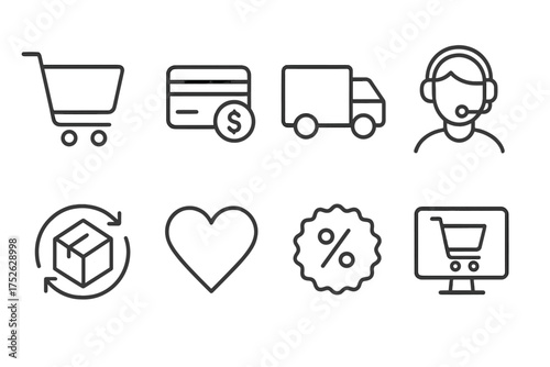 E-commerce and online shopping thin line icon set. Vector symbols for web store, checkout, payment, delivery, support, returns, wishlist, discount, loyalty program pictogram.