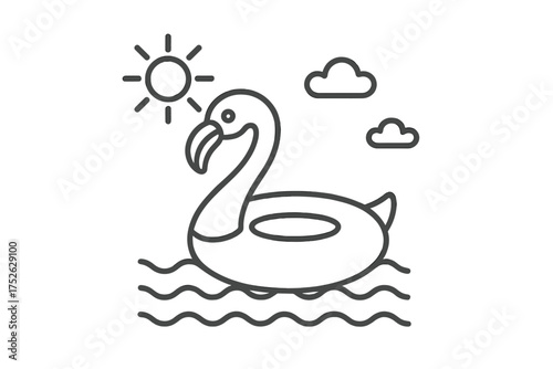 Flamingo pool float line icon for summer vacation. Inflatable bird on water for fun, relaxation and leisure. Sunny holiday vector illustration with editable stroke.
